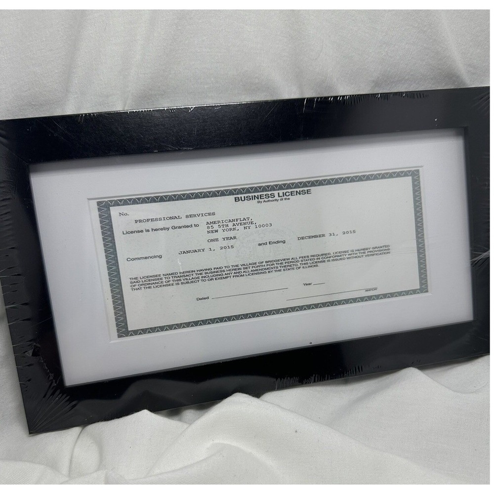 Americanflat Black Wood Business License Frame 3.5 x 8 White Mat New